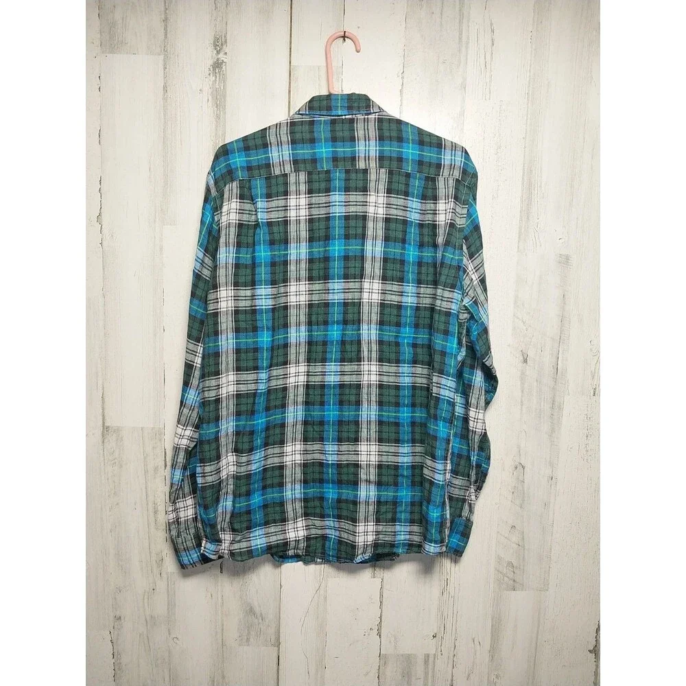 Rodd & Gunn Shirt Men's Linen Button Up Large Sports Fit Blue Long Sleeve Plaid